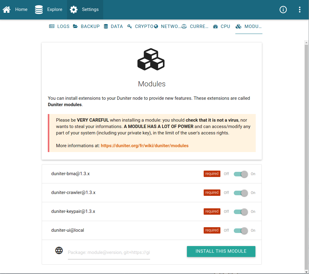 Installer un modules Duniter par l'interface graphique